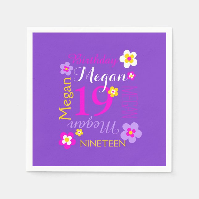 19th birthday flower named graphic purple pink napkins (Front)