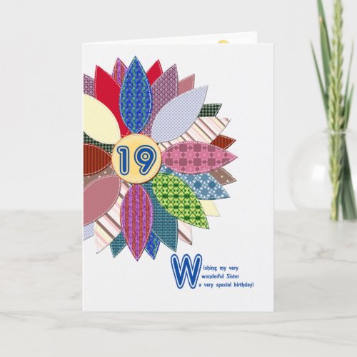 19th birthday for sister stitched flower card