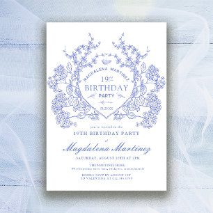 19th Birthday French Vintage Blue Floral Crest Invitation