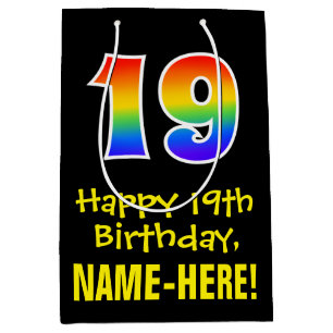 19th Birthday: Fun, Bold, Colorful, Rainbow "19" Medium Gift Bag
