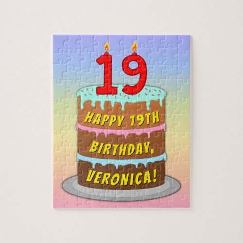 19th Birthday Fun Cake and Candles  Custom Name Jigsaw Puzzle