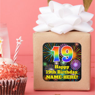 19th Birthday: Fun Fireworks Look, Rainbow # 19 Square Sticker
