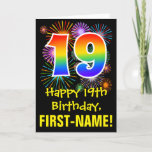[ Thumbnail: 19th Birthday: Fun Fireworks Pattern + Rainbow 19 Card ]
