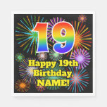 [ Thumbnail: 19th Birthday: Fun Fireworks Pattern + Rainbow 19 Napkins ]