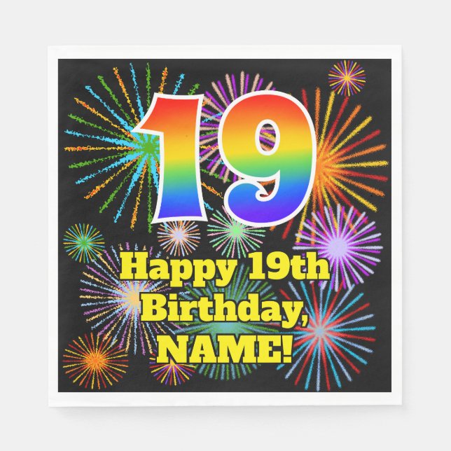 19th Birthday: Fun Fireworks Pattern + Rainbow 19 Napkins (Front)