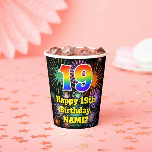 19th Birthday Fun Fireworks Pattern  Rainbow 19 Paper Cups