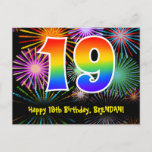 [ Thumbnail: 19th Birthday – Fun Fireworks Pattern + Rainbow 19 Postcard ]
