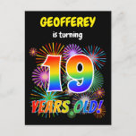 [ Thumbnail: 19th Birthday - Fun Fireworks, Rainbow Look "19" Postcard ]
