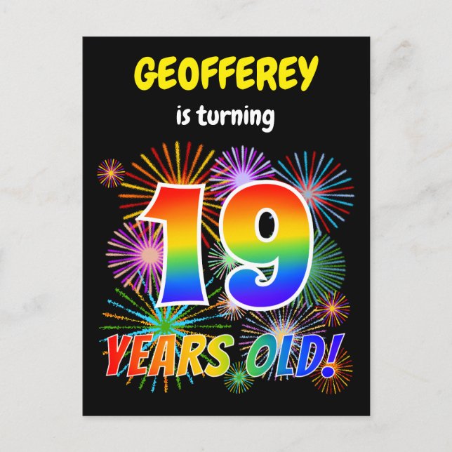 19th Birthday - Fun Fireworks, Rainbow Look "19" Postcard (Front)