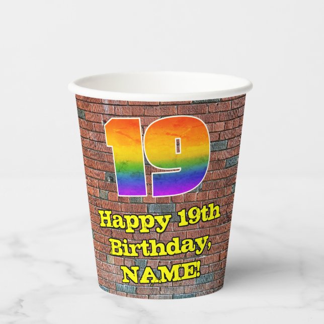 19th Birthday: Fun Graffiti-Inspired Rainbow 19 Paper Cups (Front)