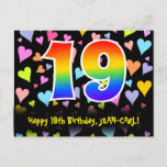 [ Thumbnail: 19th Birthday: Fun Hearts Pattern, Rainbow 19 Postcard ]