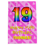 [ Thumbnail: 19th Birthday: Fun Pink Hearts Stripes; Rainbow 19 Gift Bag ]