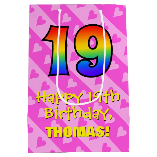 19th Birthday: Fun Pink Hearts Stripes; Rainbow 19 Medium Gift Bag (Back)