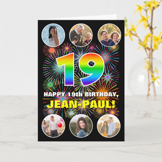 19th Birthday: Fun Rainbow #, Custom Name & Photos Card (Yellow Flower)
