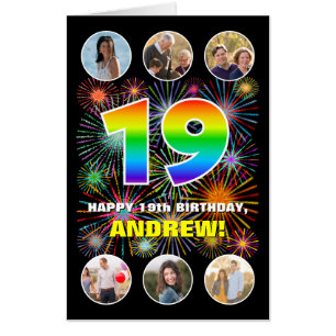 19th Birthday: Fun Rainbow #, Custom Name + Photos Card