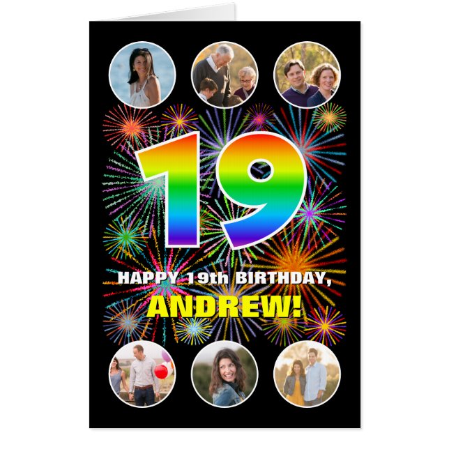 19th Birthday: Fun Rainbow #, Custom Name + Photos Card (Front)