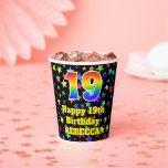 [ Thumbnail: 19th Birthday: Fun Stars Pattern and Rainbow 19 Paper Cups ]