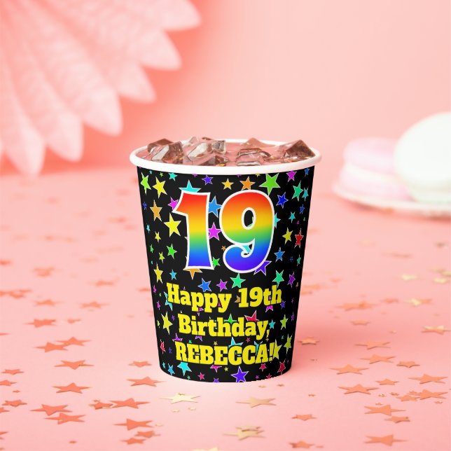 19th Birthday: Fun Stars Pattern and Rainbow 19 Paper Cups (Insitu)
