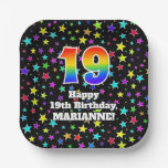 [ Thumbnail: 19th Birthday: Fun Stars Pattern and Rainbow “19” Paper Plates ]