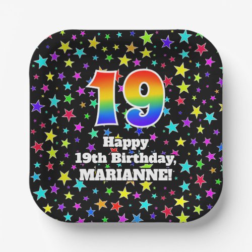 19th Birthday Fun Stars Pattern and Rainbow 19 Paper Plates