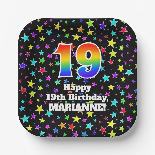 19th Birthday: Fun Stars Pattern and Rainbow “19” Paper Plates (Front)