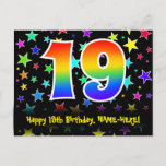 [ Thumbnail: 19th Birthday: Fun Stars Pattern, Rainbow 19, Name Postcard ]