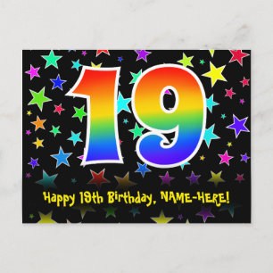19th Birthday: Fun Stars Pattern, Rainbow 19, Name Postcard