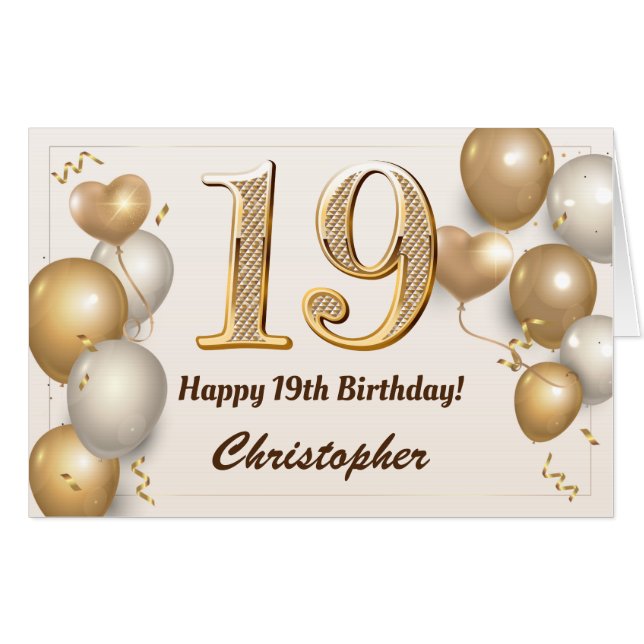 19th Birthday Gold Balloons Confetti Extra Large Card (Front Horizontal)