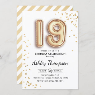19th Birthday - Gold Balloons Invitation