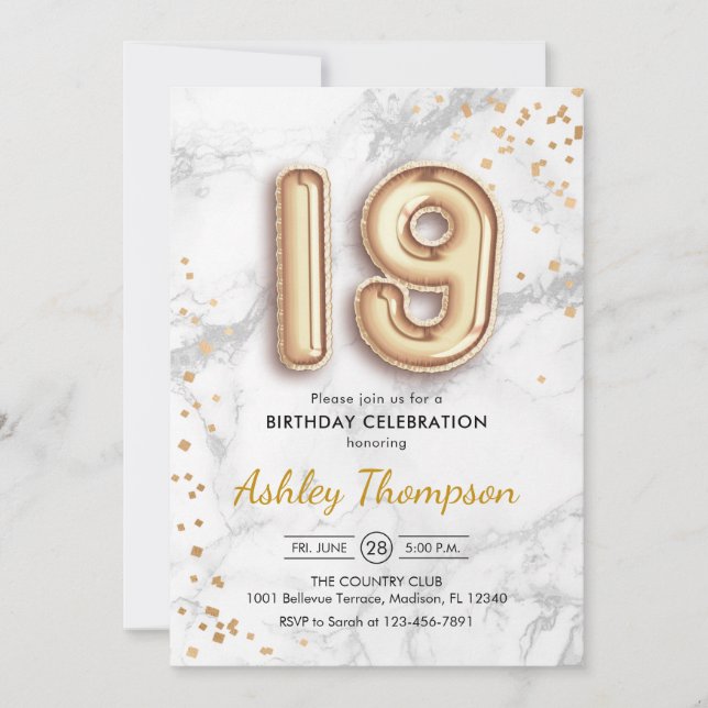 19th Birthday - Gold Balloons Marble Effect Invitation (Front)