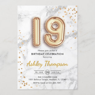 19th Birthday - Gold Balloons Marble Effect Invitation