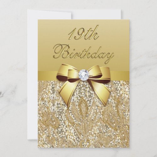 19th Birthday Gold Faux Sequins and Bow Invitation