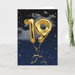 19th Birthday Gold Mylar Balloon and Confetti Card