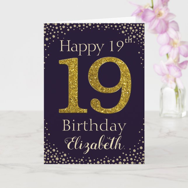 19th Birthday Golden Glitter Card (Orchid)