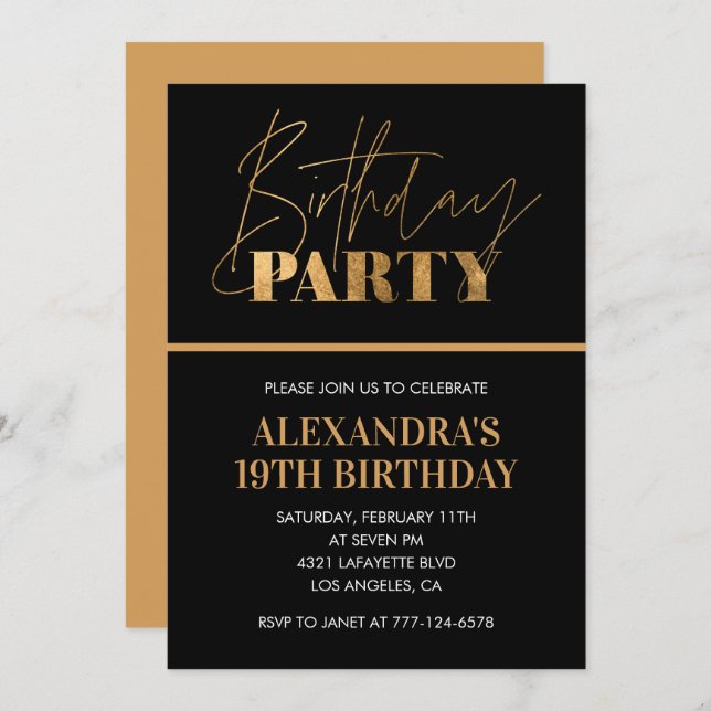 19th birthday invitations Birthday party Black (Front/Back)