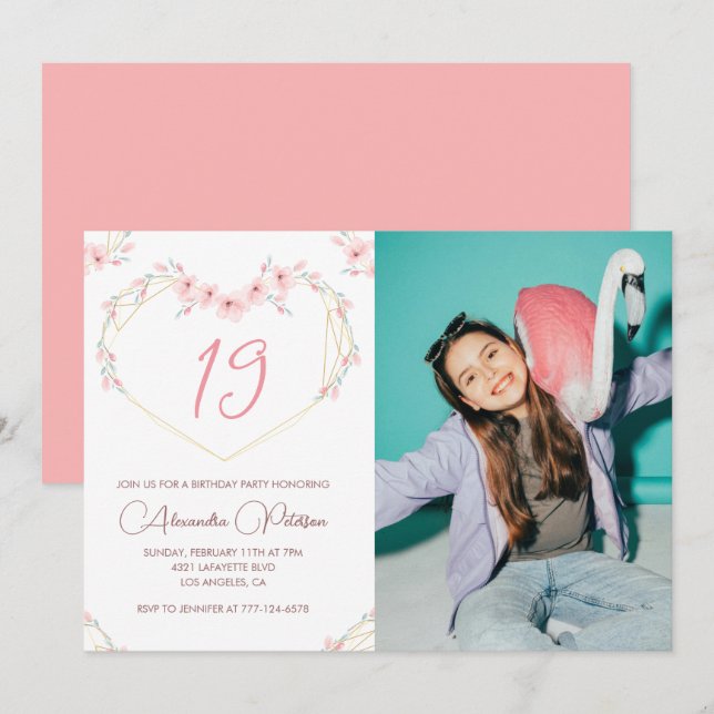 19th birthday invitations Boho Floral Photo (Front/Back)