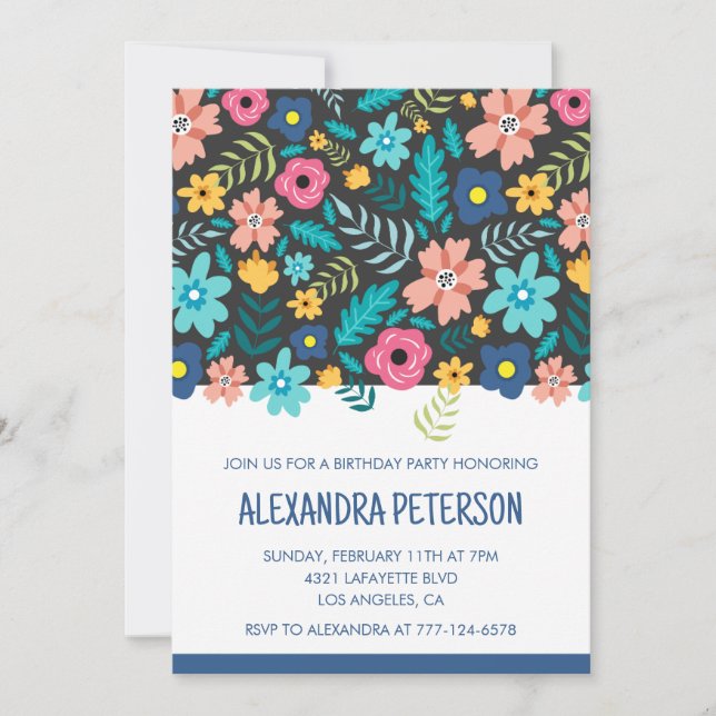19th birthday invitations Floral Pattern Blue (Front)
