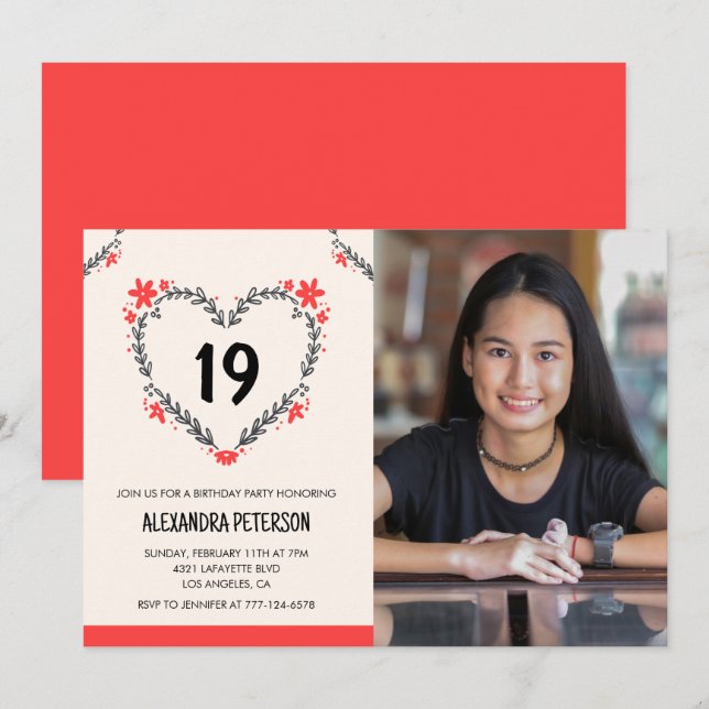 19th birthday invitations for her Floral Heart (Front/Back)