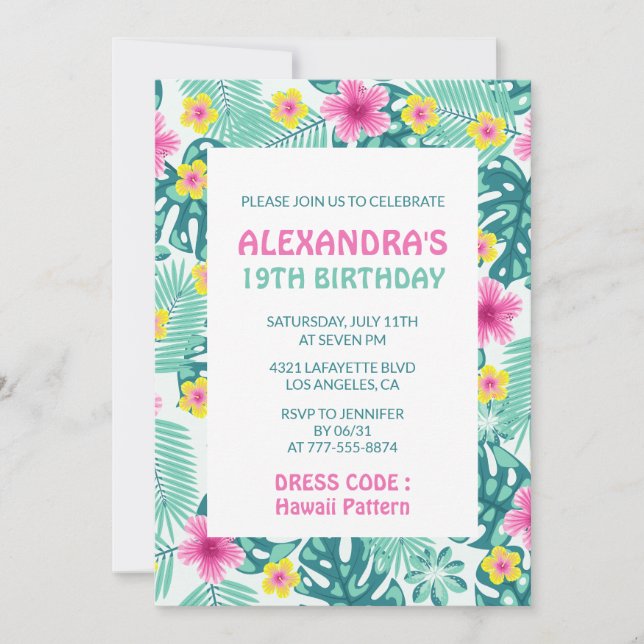 19th birthday invitations Tropical Hawaii Floral (Front)