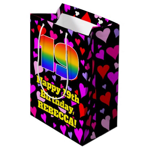 19th Birthday Loving Hearts Pattern Rainbow  19 Medium Gift Bag