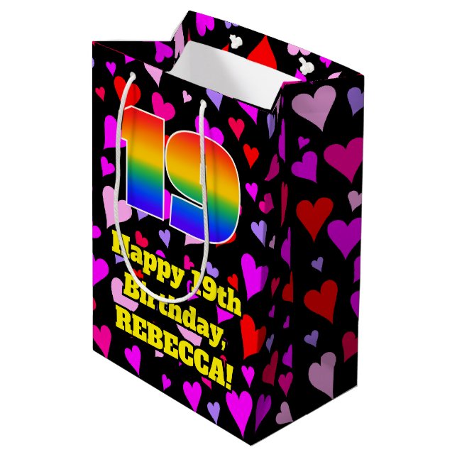 19th Birthday: Loving Hearts Pattern, Rainbow # 19 Medium Gift Bag (Back Angled)