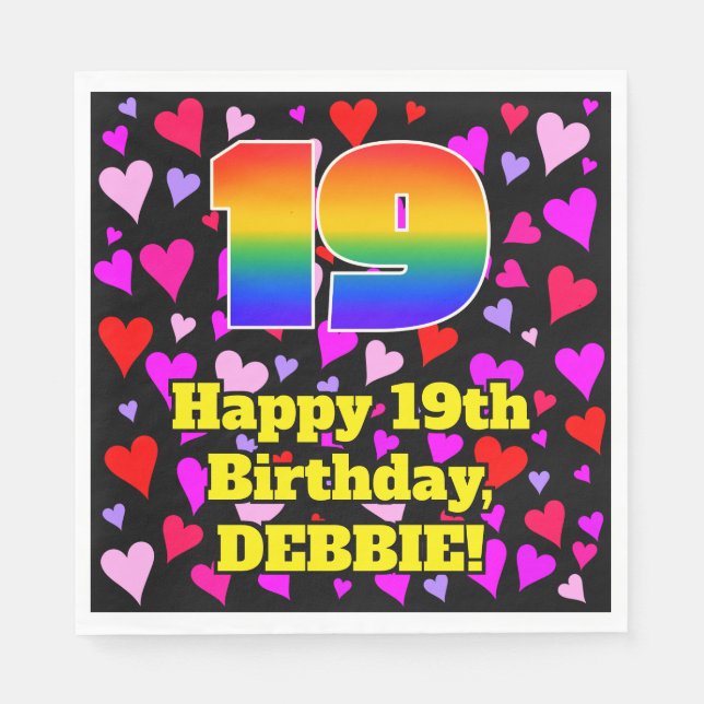 19th Birthday: Loving Hearts Pattern, Rainbow # 19 Napkins (Front)