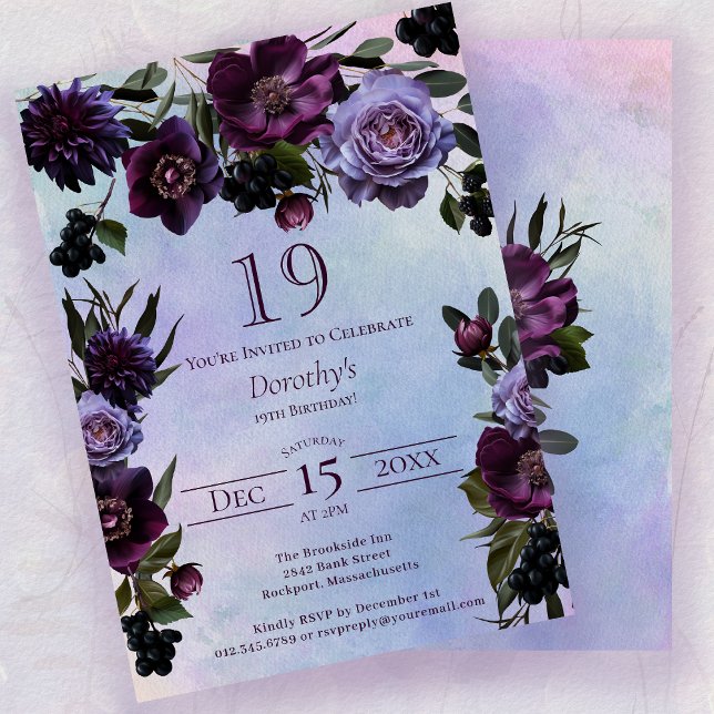 19th Birthday Moody Purple Gothic Flower Invitation (Creator Uploaded)