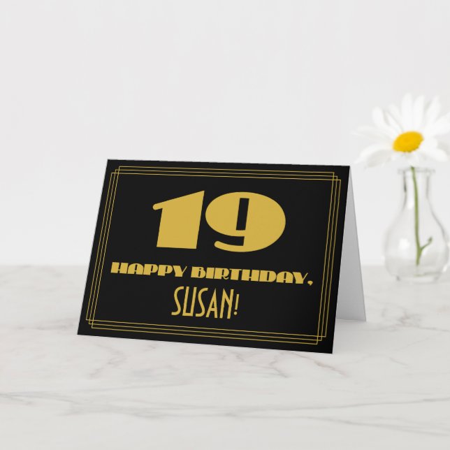 19th Birthday: Name + Art Deco Inspired Look "19" Card (Small Plant)