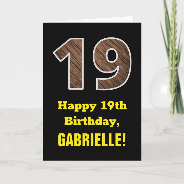 19th Birthday: Name, Faux Wood Grain Pattern "19" Card (Front)
