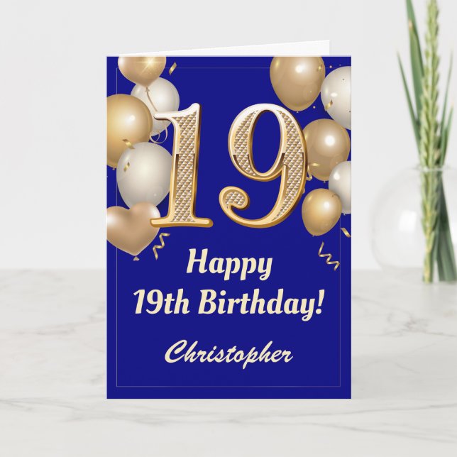 19th Birthday Navy Blue and Gold Balloons Confetti Card (Front)