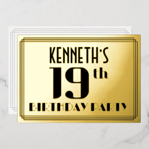 19th Birthday Party: Art Deco Look “19” and Name Foil Invitation