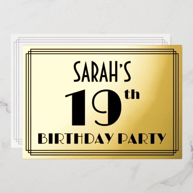 19th Birthday Party — Art Deco Look “19” + Name Foil Invitation (Front/Back)