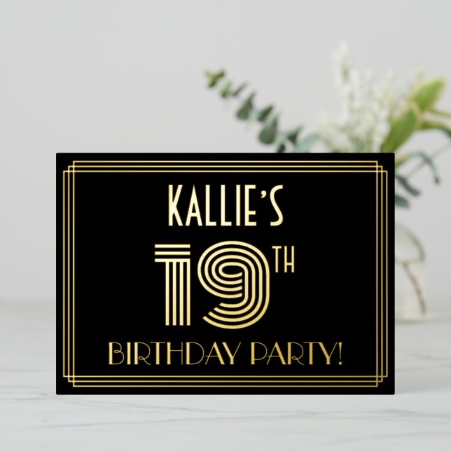 19th Birthday Party — Art Deco Style “19” + Name Foil Invitation (Standing Front)