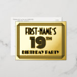 [ Thumbnail: 19th Birthday Party ~ Art Deco Style “19” + Name Postcard ]